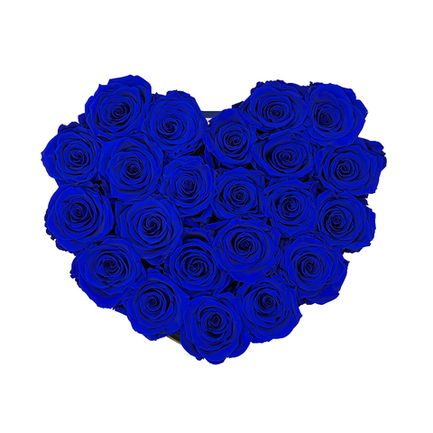 Blue preserved roses in heart shape box top view- The Brilliant Roses