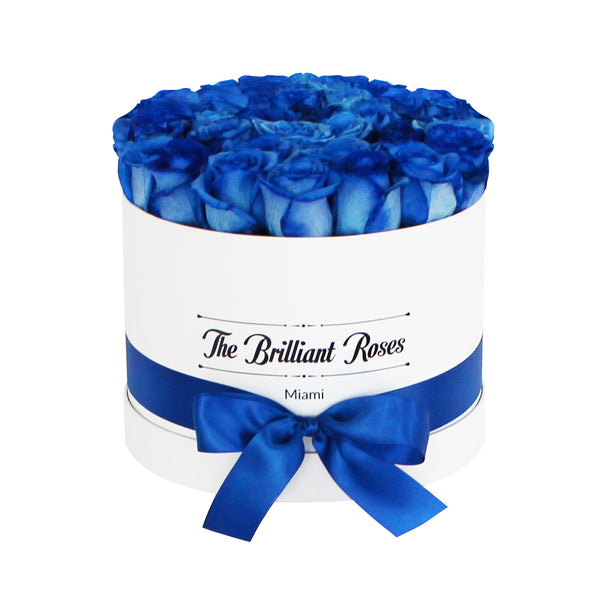Blue Royal Blue roses in round flower box - The Brilliant Roses