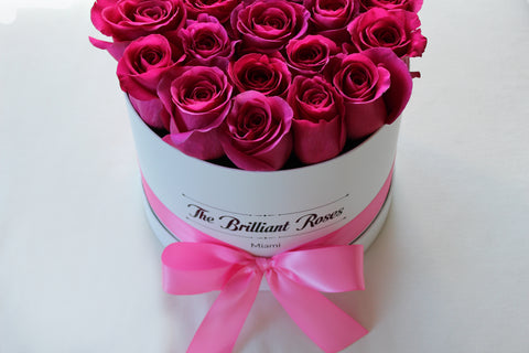 Hot Pink roses in round flower box